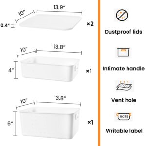 vacane Large Plastic Storage Baskets with Snap Lid, Extremely Durable, Storage Baskets for Organizing Stackable Storage Box with Handle for Closet Office, 14 x 10 x 8 inch, White