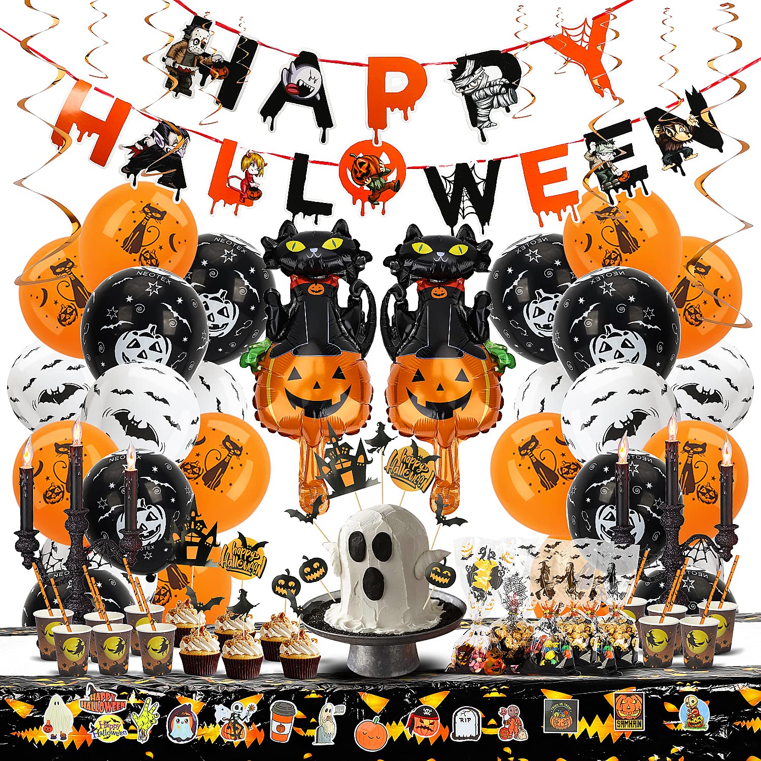 TOY Life 165 Pcs Halloween Party Decorations Supplies Party Banner Balloon Decorations Set Halloween Themed Birthday Party Supplies Kits with Happy Halloween Tablecloth Banner Spooky Cat Decor Kit