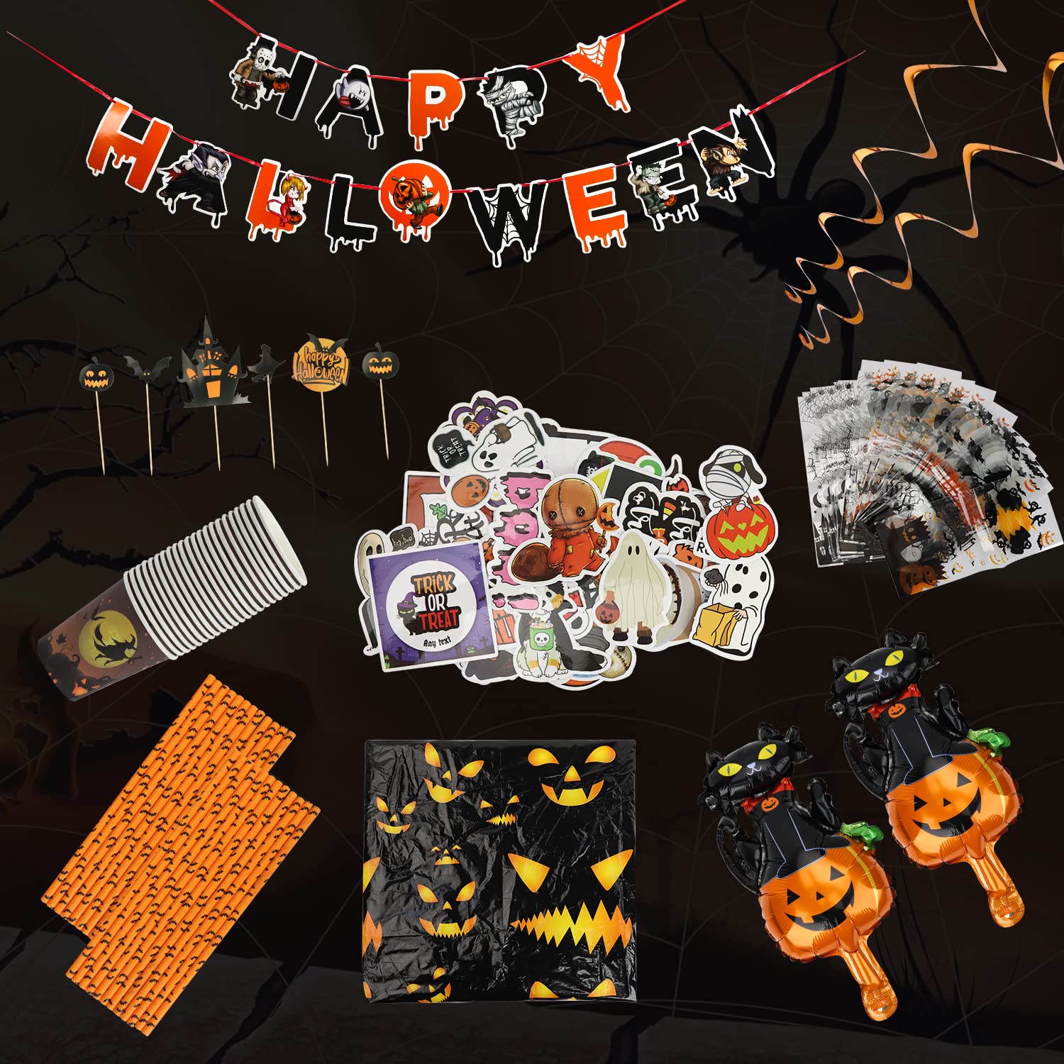 TOY Life 165 Pcs Halloween Party Decorations Supplies Party Banner Balloon Decorations Set Halloween Themed Birthday Party Supplies Kits with Happy Halloween Tablecloth Banner Spooky Cat Decor Kit