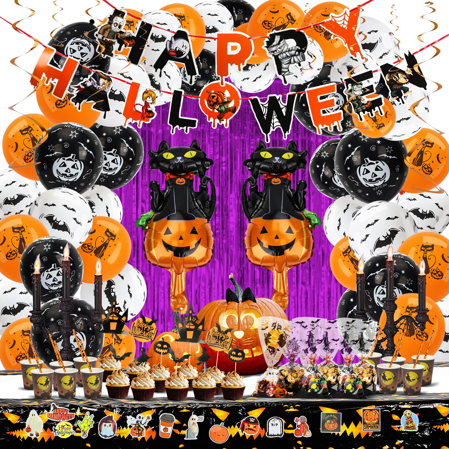 TOY Life 165 Pcs Halloween Party Decorations Supplies Party Banner Balloon Decorations Set Halloween Themed Birthday Party Supplies Kits with Happy Halloween Tablecloth Banner Spooky Cat Decor Kit