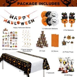 TOY Life 165 Pcs Halloween Party Decorations Supplies Party Banner Balloon Decorations Set Halloween Themed Birthday Party Supplies Kits with Happy Halloween Tablecloth Banner Spooky Cat Decor Kit