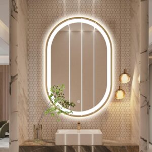 theiamo oval led bathroom mirror, 36"x24" lighted wall mounted vanity mirror with metal frame, anti-fog ip66 waterproof smart mirror, memory function,3000-6000k(horizontal or vertical), gold