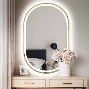 TheiaMo Oval LED Bathroom Mirror, 36"x24" Lighted Wall Mounted Vanity Mirror with Metal Frame, Anti-Fog IP66 Waterproof Smart Mirror, Memory Function,3000-6000K(Horizontal or Vertical), Gold