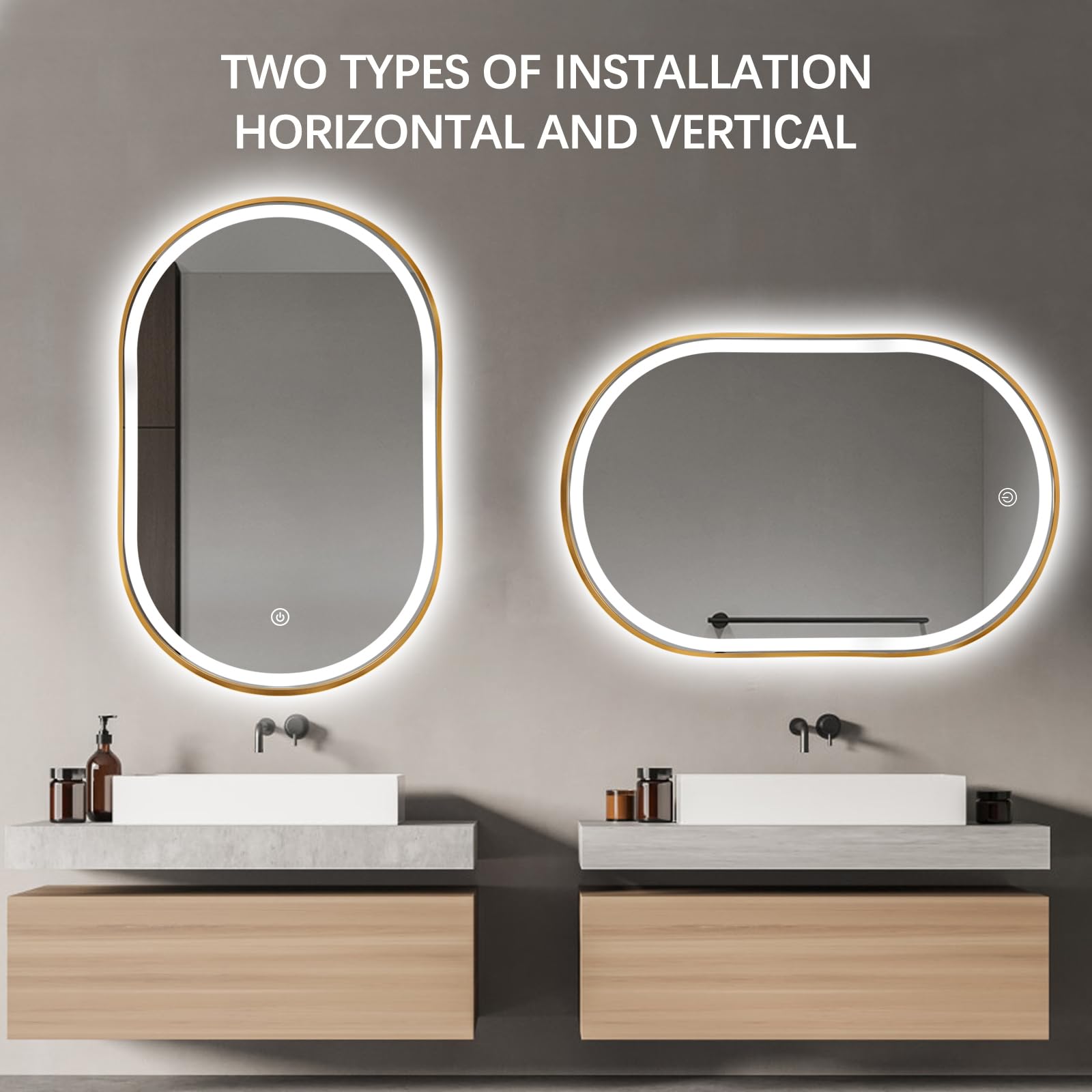 TheiaMo Oval LED Bathroom Mirror, 36"x24" Lighted Wall Mounted Vanity Mirror with Metal Frame, Anti-Fog IP66 Waterproof Smart Mirror, Memory Function,3000-6000K(Horizontal or Vertical), Gold