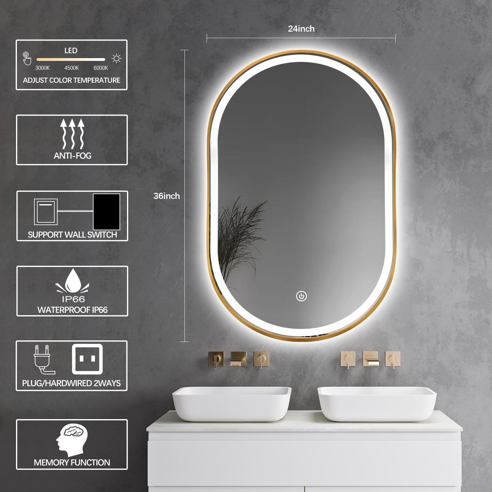 TheiaMo Oval LED Bathroom Mirror, 36"x24" Lighted Wall Mounted Vanity Mirror with Metal Frame, Anti-Fog IP66 Waterproof Smart Mirror, Memory Function,3000-6000K(Horizontal or Vertical), Gold