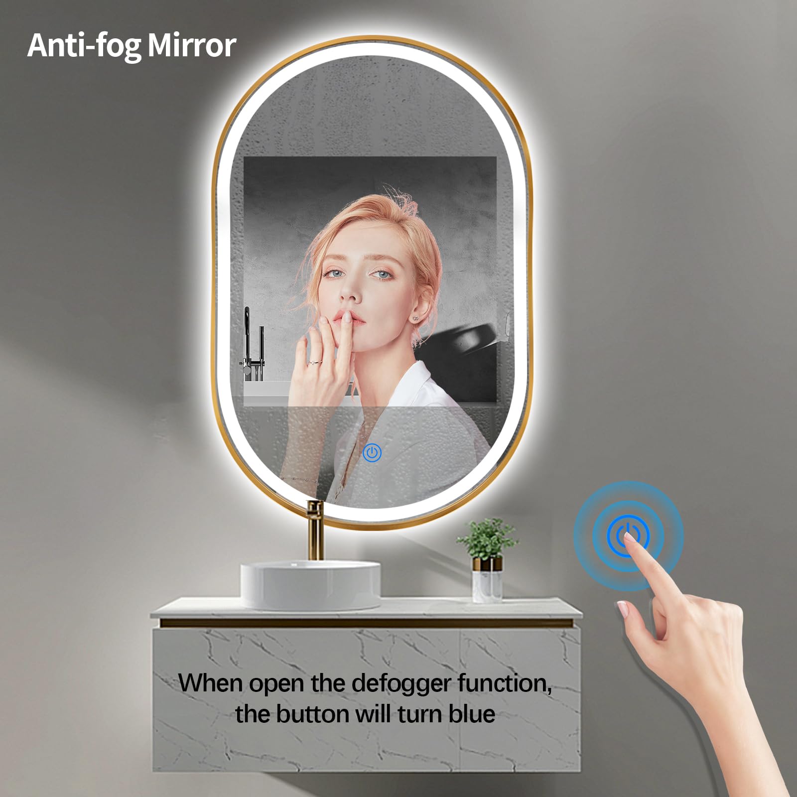 TheiaMo Oval LED Bathroom Mirror, 36"x24" Lighted Wall Mounted Vanity Mirror with Metal Frame, Anti-Fog IP66 Waterproof Smart Mirror, Memory Function,3000-6000K(Horizontal or Vertical), Gold