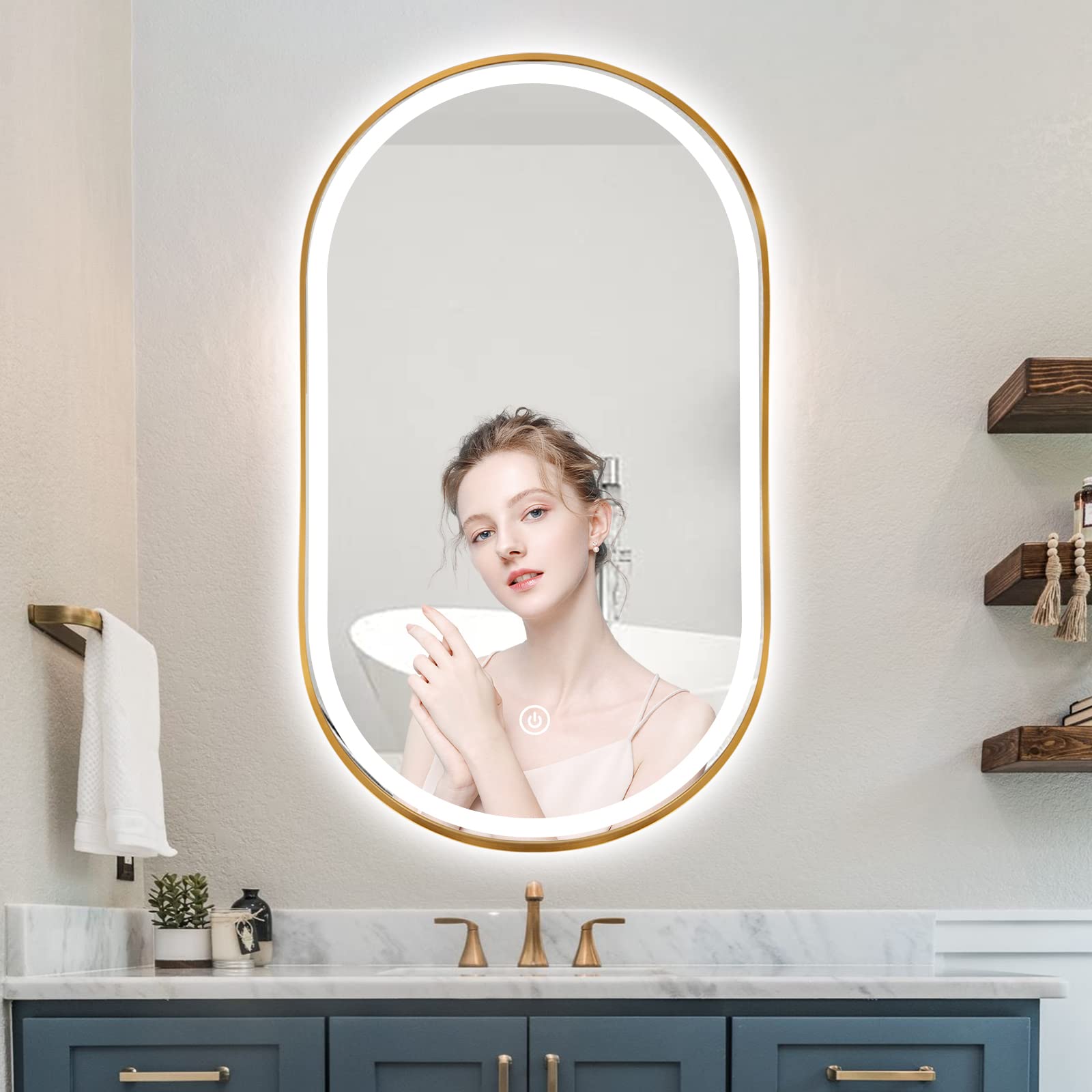 TheiaMo Oval LED Bathroom Mirror, 36"x24" Lighted Wall Mounted Vanity Mirror with Metal Frame, Anti-Fog IP66 Waterproof Smart Mirror, Memory Function,3000-6000K(Horizontal or Vertical), Gold