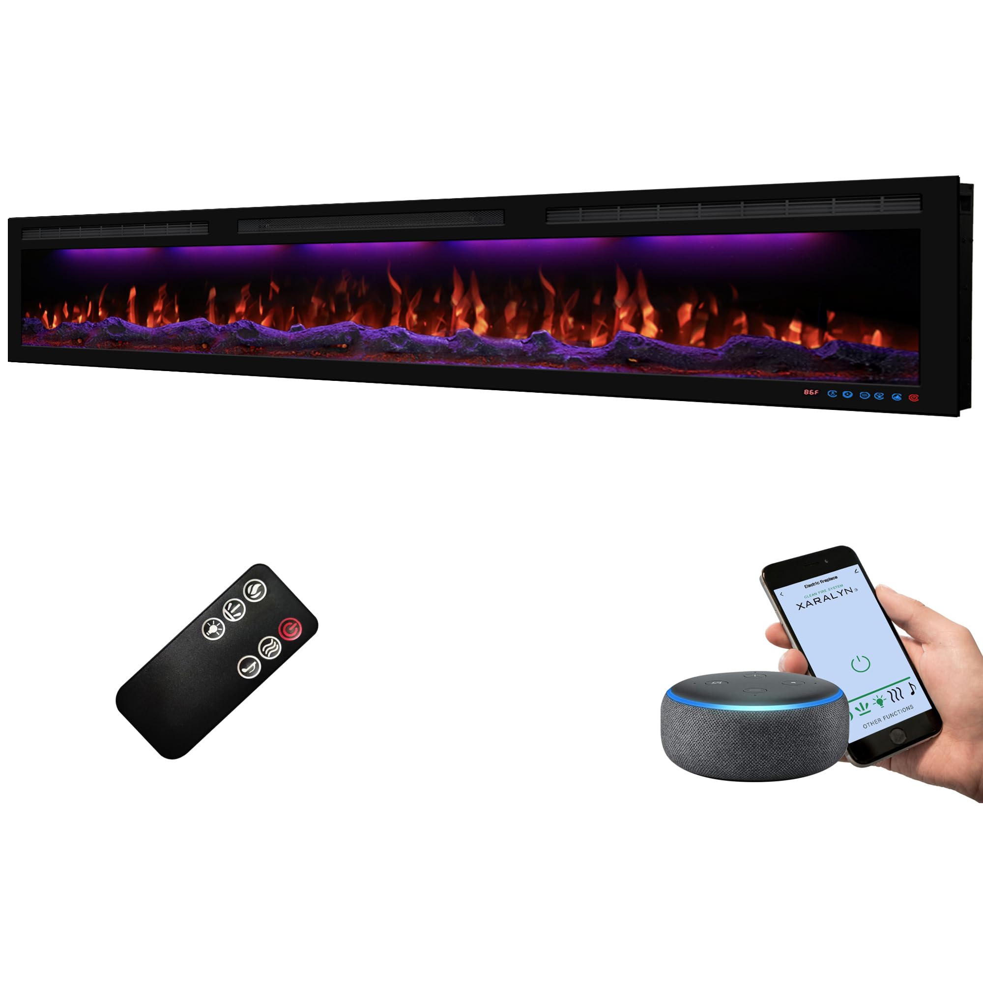 Dreamflame 88" WiFi-Enabled Electric Fireplace Inserts, Smart Control via Alexa or App, Recessed & Wall Mounted Fireplace Heater with Thermostat, Slim Frame, Multi-Color Combinations, Black