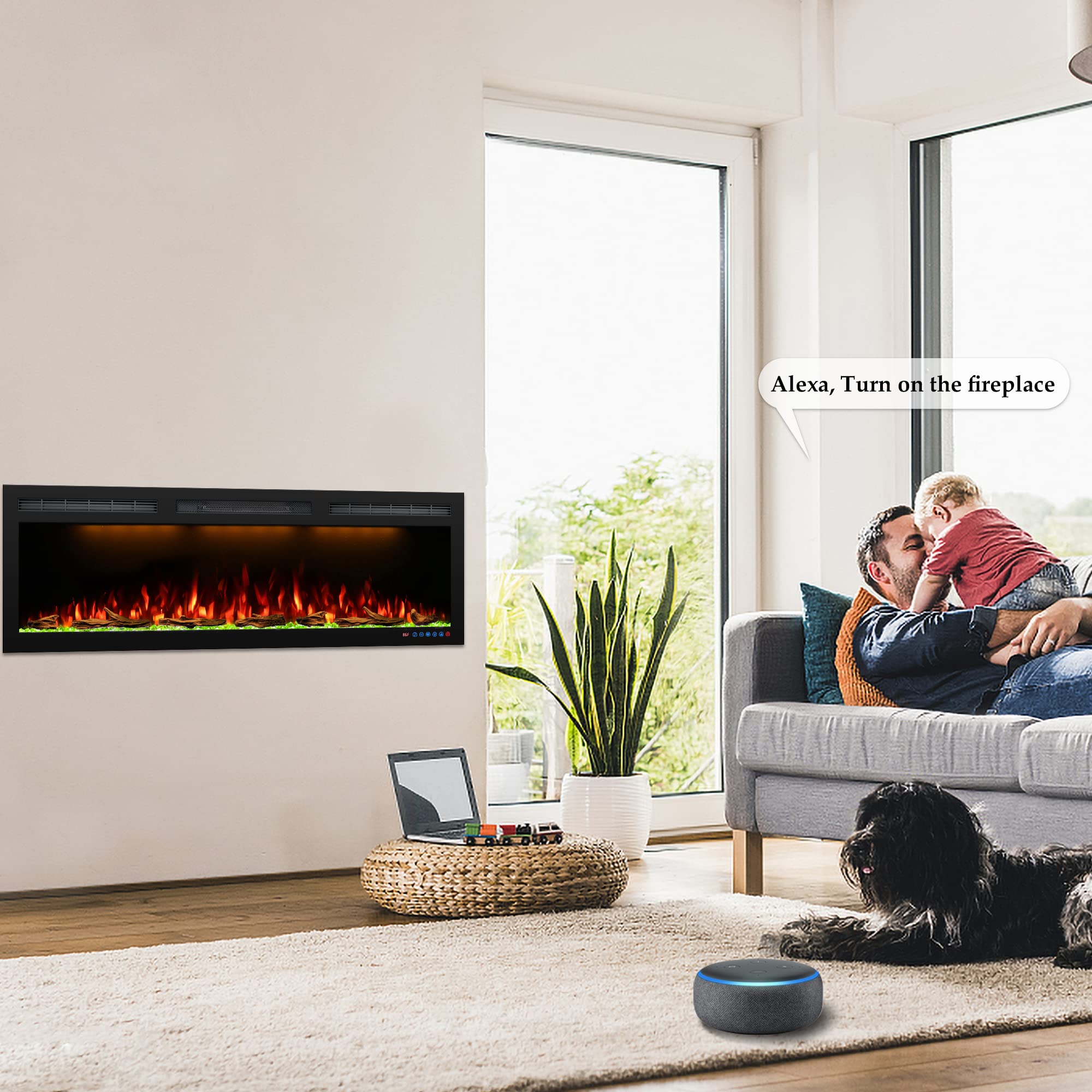 Dreamflame 88" WiFi-Enabled Electric Fireplace Inserts, Smart Control via Alexa or App, Recessed & Wall Mounted Fireplace Heater with Thermostat, Slim Frame, Multi-Color Combinations, Black