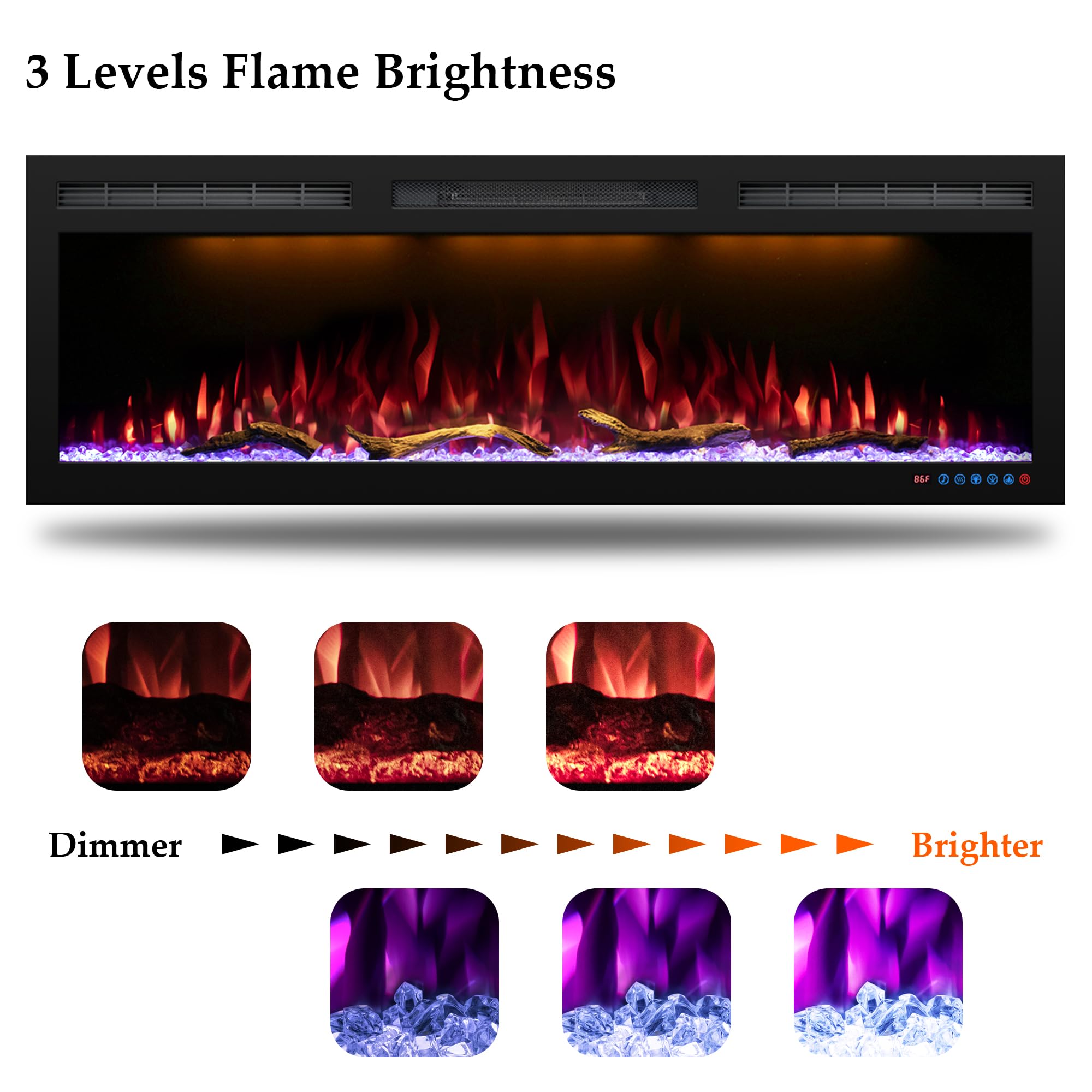 Dreamflame 88" WiFi-Enabled Electric Fireplace Inserts, Smart Control via Alexa or App, Recessed & Wall Mounted Fireplace Heater with Thermostat, Slim Frame, Multi-Color Combinations, Black