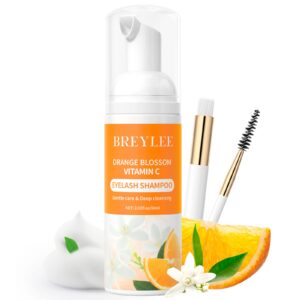 eyelash extension cleanser brelyee orange blossom lash shampoo 60ml + brush, eyelash wash for extensions, lash cleanser, lash bath, lash cleaner, paraben & sulfate free for professional & self use