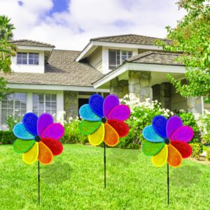 4PCS Flower Wind Spinner Sparkly Lawn Pinwheel 11.8 inch Colorful Rainbow Garden Windmill Toys for Garden, Party, Outdoor, Yard Decor