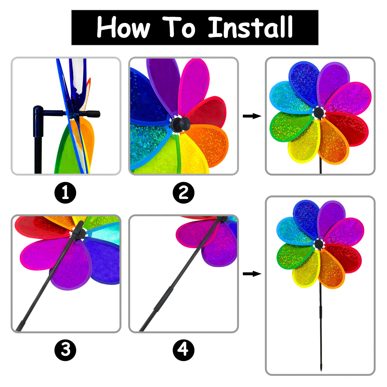 4PCS Flower Wind Spinner Sparkly Lawn Pinwheel 11.8 inch Colorful Rainbow Garden Windmill Toys for Garden, Party, Outdoor, Yard Decor