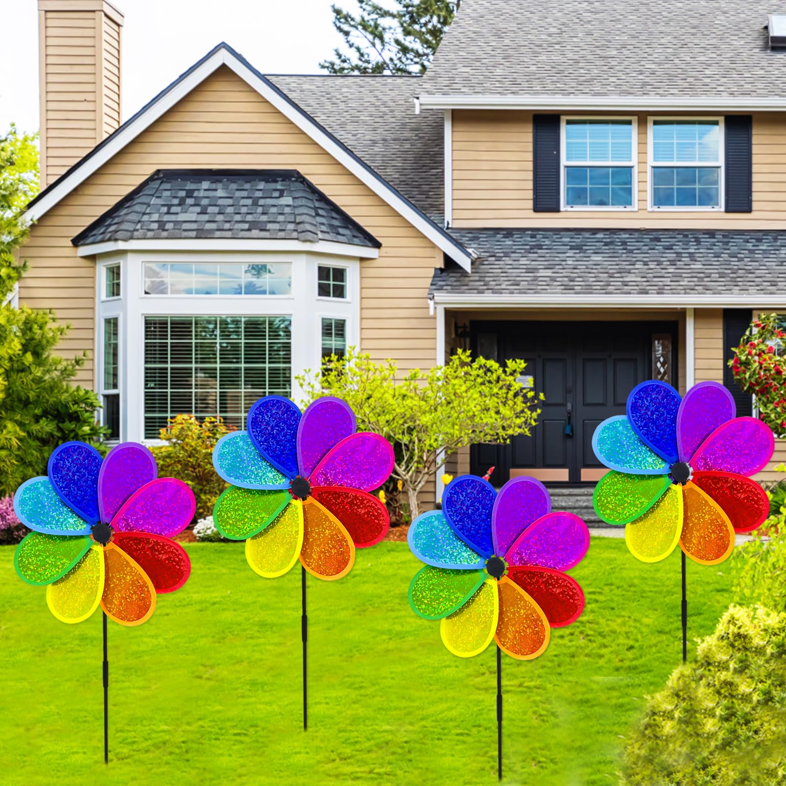 4PCS Flower Wind Spinner Sparkly Lawn Pinwheel 11.8 inch Colorful Rainbow Garden Windmill Toys for Garden, Party, Outdoor, Yard Decor