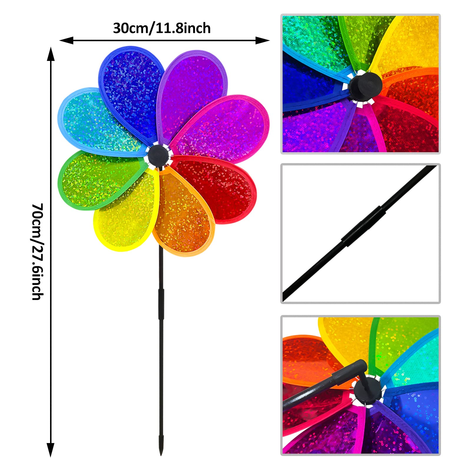 4PCS Flower Wind Spinner Sparkly Lawn Pinwheel 11.8 inch Colorful Rainbow Garden Windmill Toys for Garden, Party, Outdoor, Yard Decor