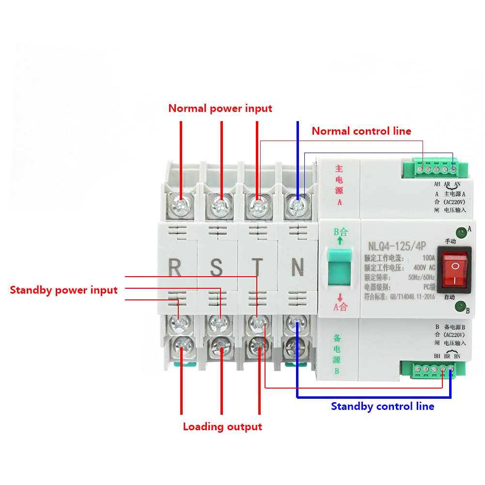 Dual Power Automatic Transfer Switch AC 400V 4P 63A/80A/100A ATS PC Automatic Changeover Toggle Switch Double Transfer Switch for Municipal Electricity, Generator(100A)