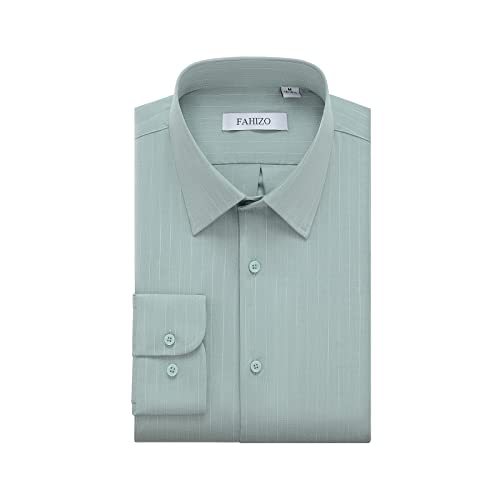 FAHIZO Men's Dress Shirt Regular Fit Casual Long Sleeve Stripe Stretch Soild, Green-3XL