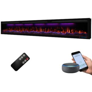 dreamflame 95" wifi-enabled electric fireplace, smart control via alexa or app, recessed & wall mounted fireplace heater with thermostat, slim frame, multi-color combinations, black
