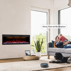 Dreamflame 95" WiFi-Enabled Electric Fireplace, Smart Control via Alexa or App, Recessed & Wall Mounted Fireplace Heater with Thermostat, Slim Frame, Multi-Color Combinations, Black