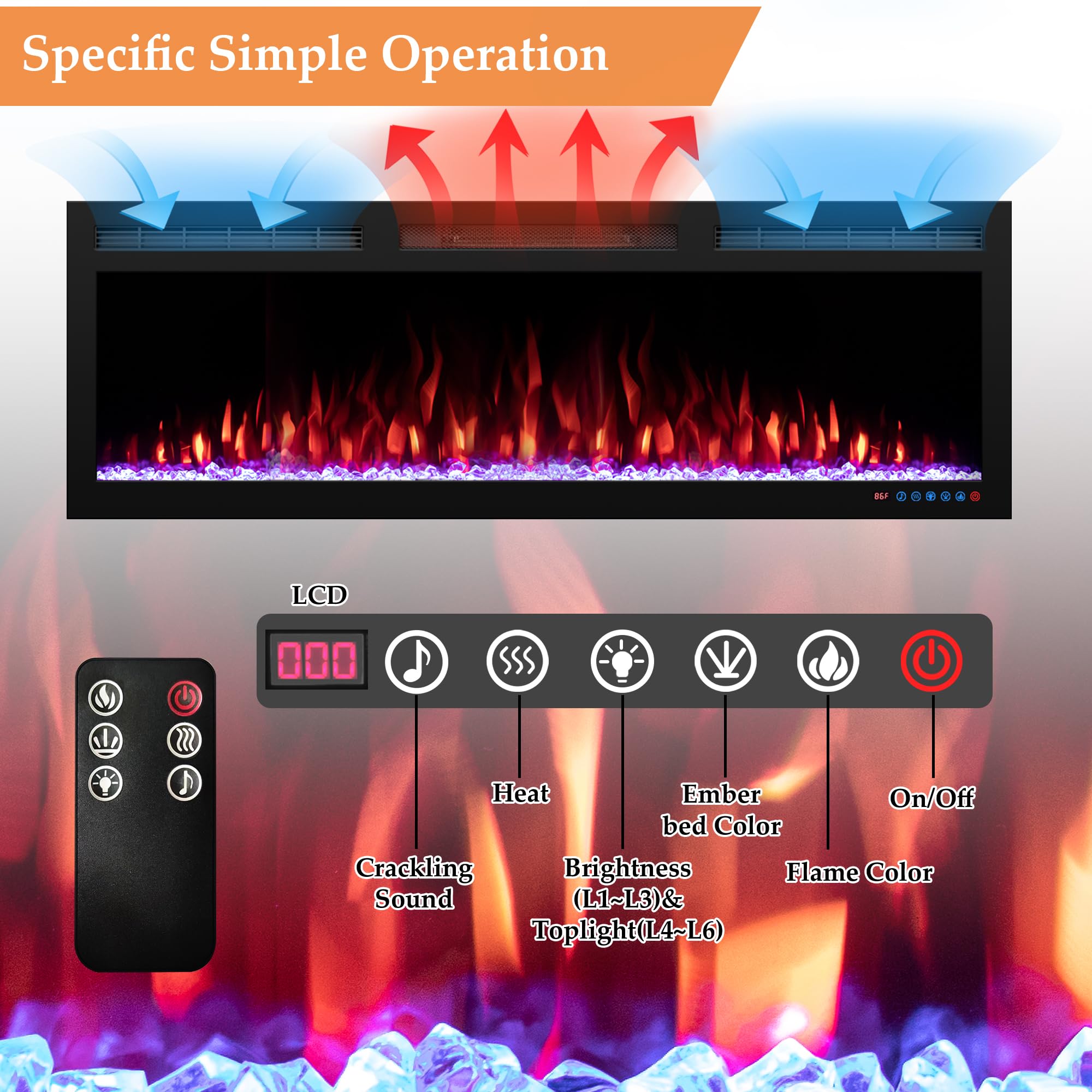 Dreamflame 95" WiFi-Enabled Electric Fireplace, Smart Control via Alexa or App, Recessed & Wall Mounted Fireplace Heater with Thermostat, Slim Frame, Multi-Color Combinations, Black