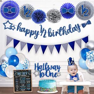 half birthday decorations baby boy, hombae 1/2 birthday boy decorations supplies, 6 months birthday decorations boy, blue glitter half birthday banner with triangle flag banner, 1/2 birthday hat crown with blue bow tie, halfway to one cake topper, blue gr