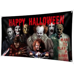horror classic movie character backdrop banner, 78 × 43inch halloween party background large backdrops chainsaw clown supplies for indoor outdoor photo booth props