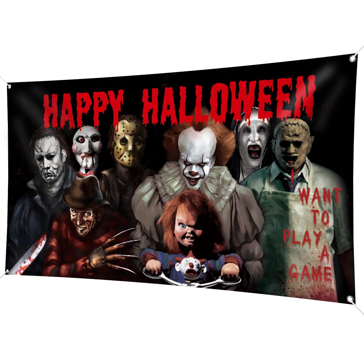 Horror Classic Movie Character Backdrop Banner, 78 × 43inch Halloween Party Background Large Backdrops Chainsaw Clown Supplies for Indoor Outdoor Photo Booth Props