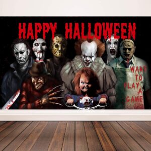 Horror Classic Movie Character Backdrop Banner, 78 × 43inch Halloween Party Background Large Backdrops Chainsaw Clown Supplies for Indoor Outdoor Photo Booth Props