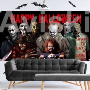 Horror Classic Movie Character Backdrop Banner, 78 × 43inch Halloween Party Background Large Backdrops Chainsaw Clown Supplies for Indoor Outdoor Photo Booth Props