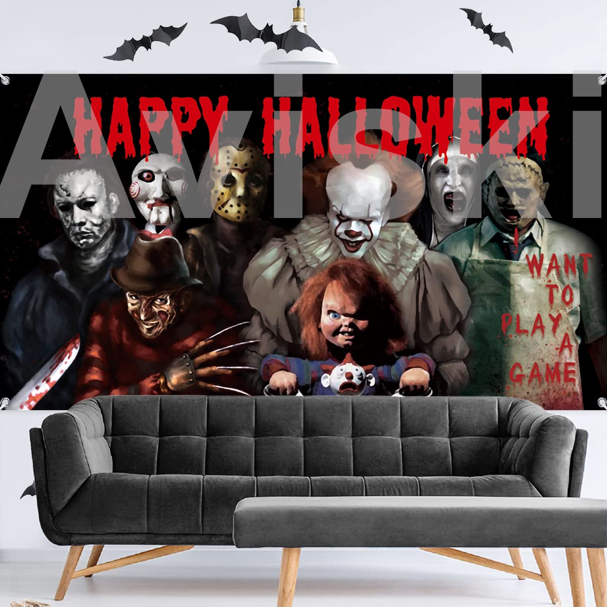 Horror Classic Movie Character Backdrop Banner, 78 × 43inch Halloween Party Background Large Backdrops Chainsaw Clown Supplies for Indoor Outdoor Photo Booth Props