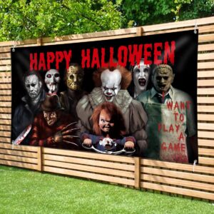 Horror Classic Movie Character Backdrop Banner, 78 × 43inch Halloween Party Background Large Backdrops Chainsaw Clown Supplies for Indoor Outdoor Photo Booth Props