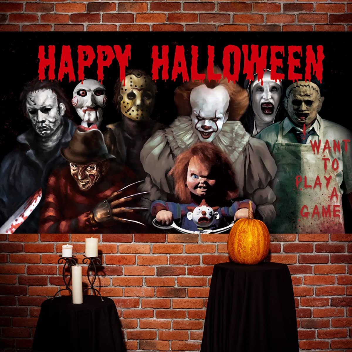 Horror Classic Movie Character Backdrop Banner, 78 × 43inch Halloween Party Background Large Backdrops Chainsaw Clown Supplies for Indoor Outdoor Photo Booth Props