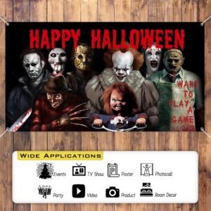 Horror Classic Movie Character Backdrop Banner, 78 × 43inch Halloween Party Background Large Backdrops Chainsaw Clown Supplies for Indoor Outdoor Photo Booth Props