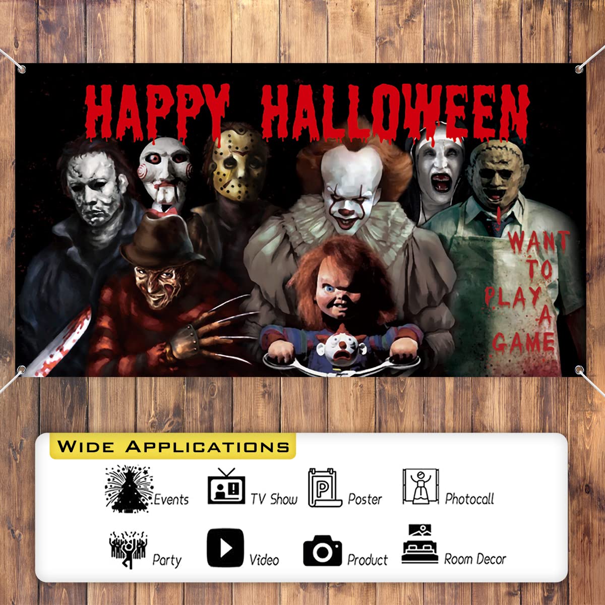 Horror Classic Movie Character Backdrop Banner, 78 × 43inch Halloween Party Background Large Backdrops Chainsaw Clown Supplies for Indoor Outdoor Photo Booth Props