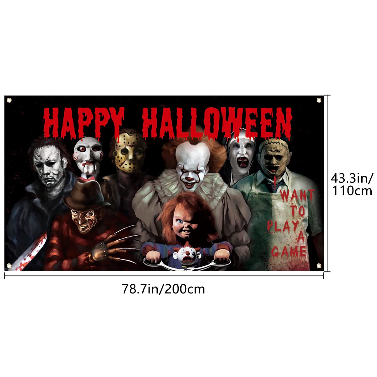 Horror Classic Movie Character Backdrop Banner, 78 × 43inch Halloween Party Background Large Backdrops Chainsaw Clown Supplies for Indoor Outdoor Photo Booth Props