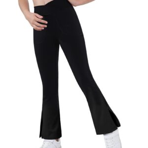 Teen Girls Bootcut Yoga Pants Kids Active Crossover Split Hem Flare Leggings with Pockets Black