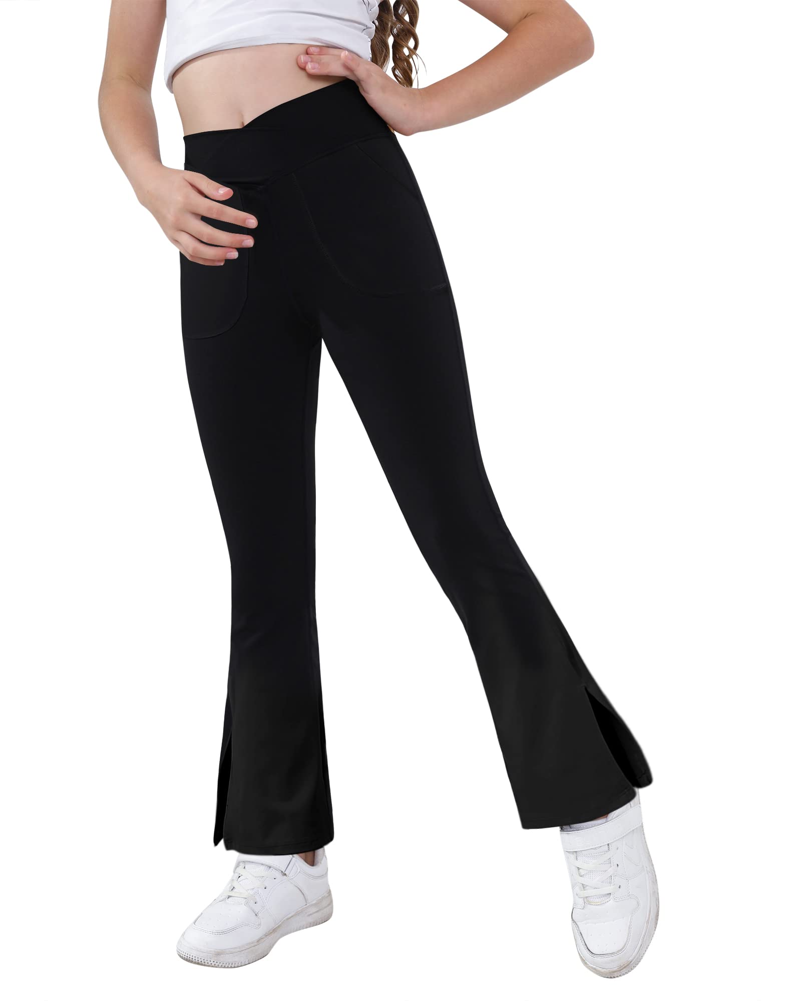 Teen Girls Bootcut Yoga Pants Kids Active Crossover Split Hem Flare Leggings with Pockets Black