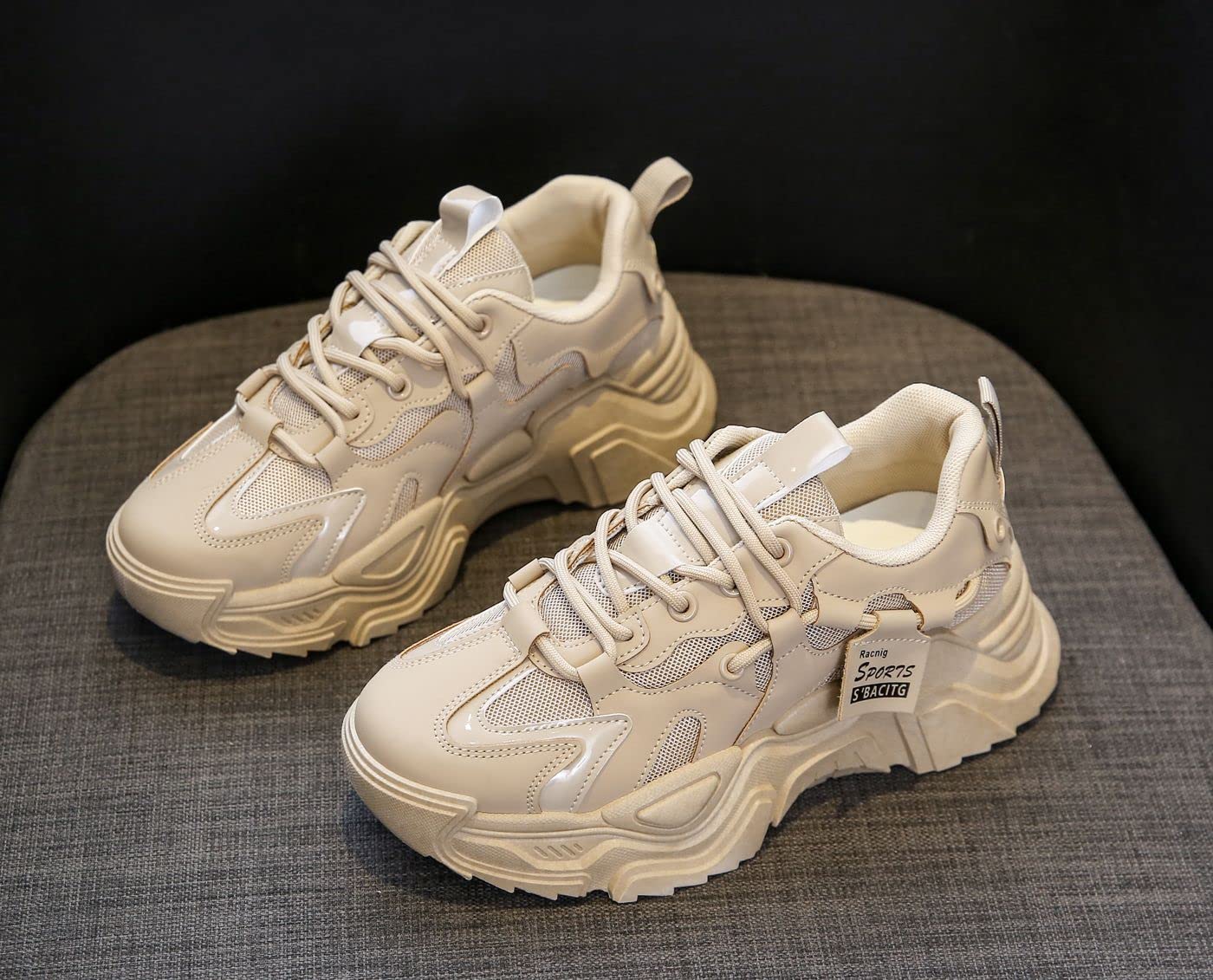 VAXAV Women's Fashion Breathable Mesh Platform Sneakers Casual Jogging Walking Shoes Size 7 Khaki