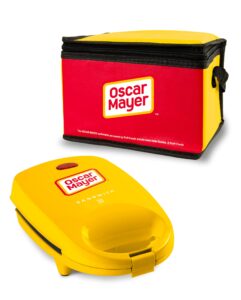 nostalgia oscar mayer sandwich maker with beverage cooler bag, 5-inch nonstick cooking surface with indicator lights and lock feature, lunch and beverage tote included, yellow