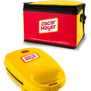 Nostalgia Oscar Mayer Sandwich Maker with Beverage Cooler Bag, 5-Inch Nonstick Cooking Surface with Indicator Lights and Lock Feature, Lunch and Beverage Tote Included, Yellow