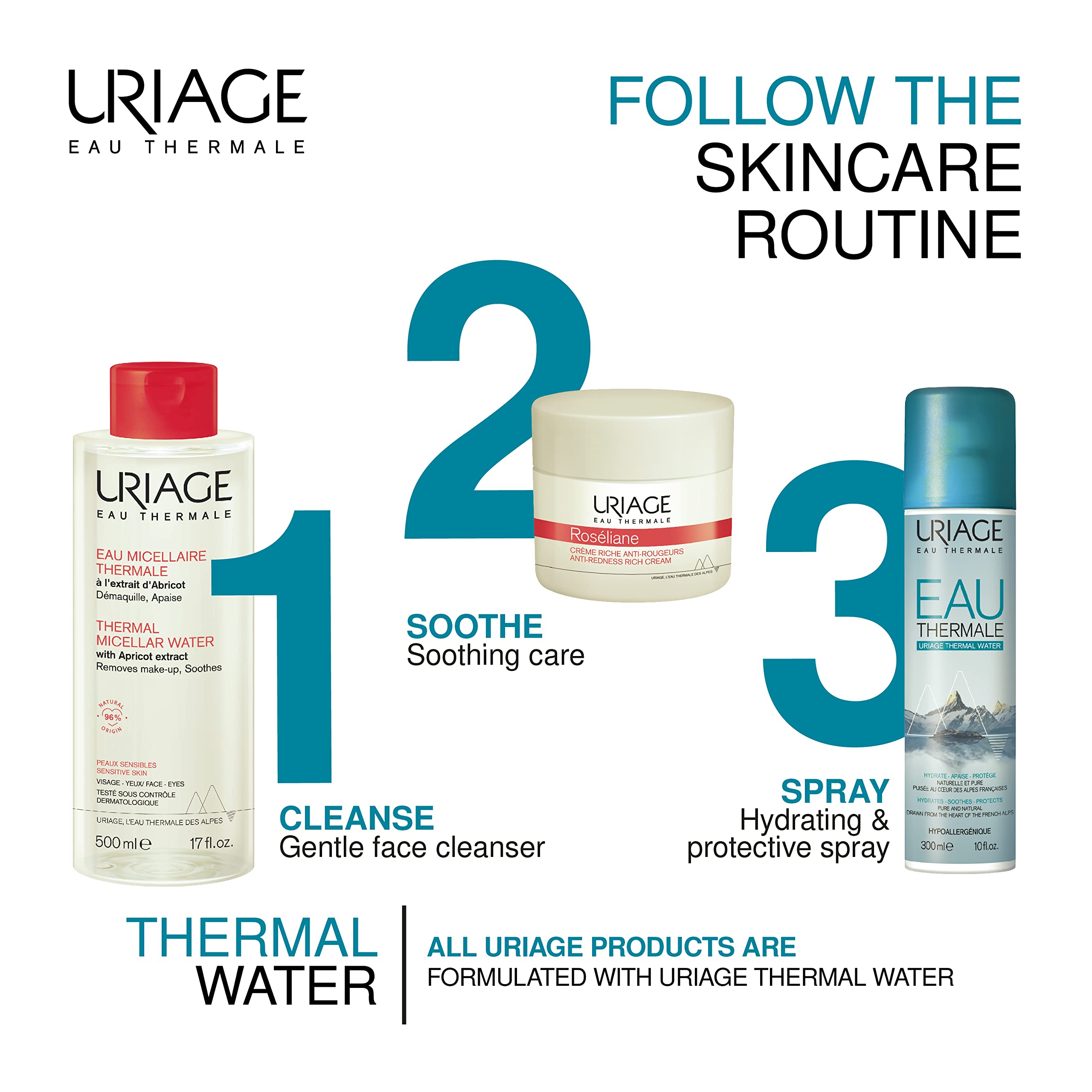 Uriage Thermal Micellar Water for Sensitive Skin 17 fl.oz. | Oil- free Cleansing Care - Gentle Makeup Remover, Suitable for Sensitive Skin | Removes Excess of Dirt and Makeup While Soothing the Skin