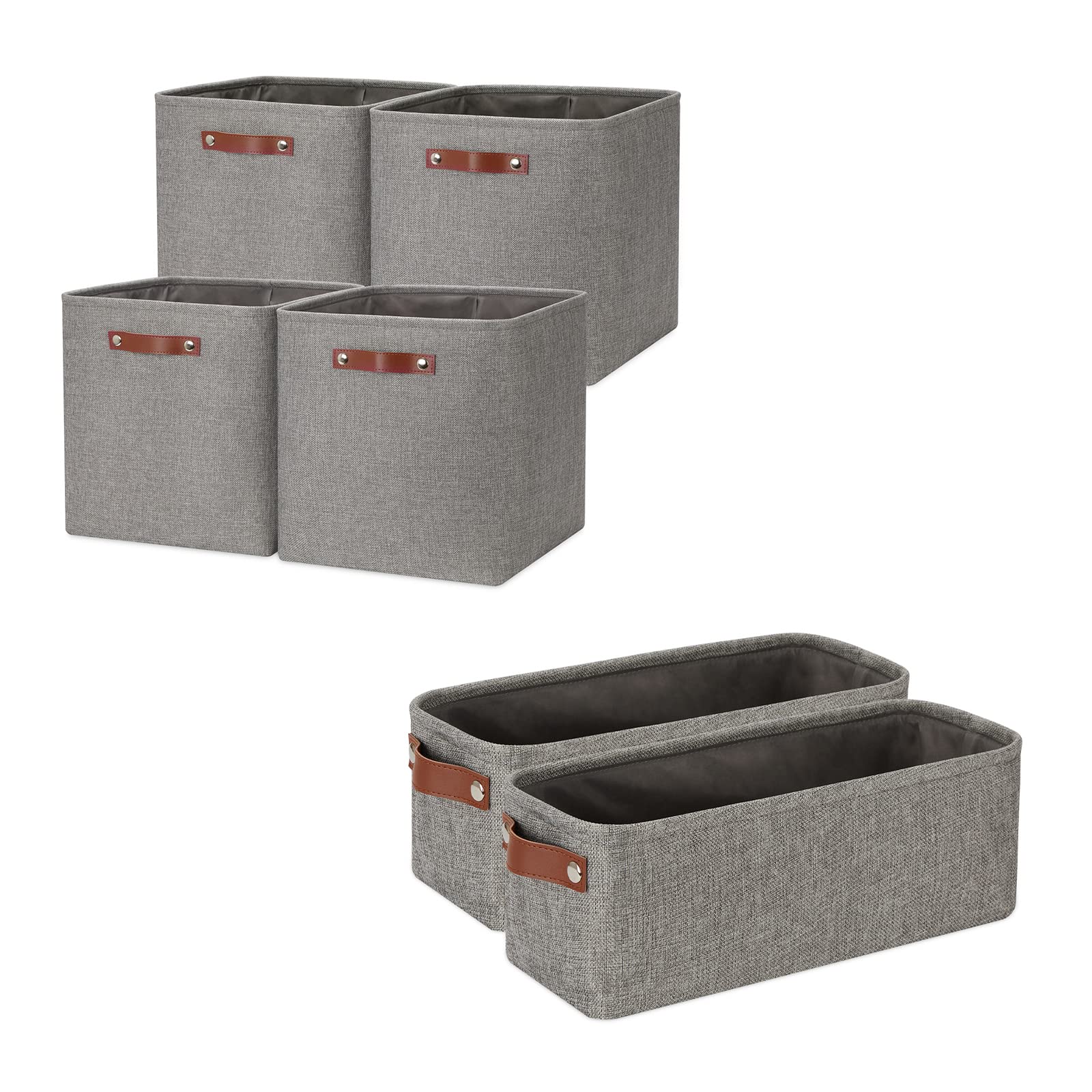 DULLEMELO Collapsible Bundle Baskets 2 Narrow Baskets 15"x6"x5.5" + 4 Cube Baskets 13"x13"x13"（Grey)