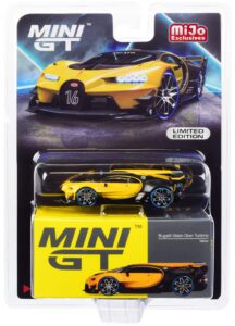 mini gt bugatti vision gran turismo yellow and carbon 1/64 diecast model car by true scale miniatures mgt00317