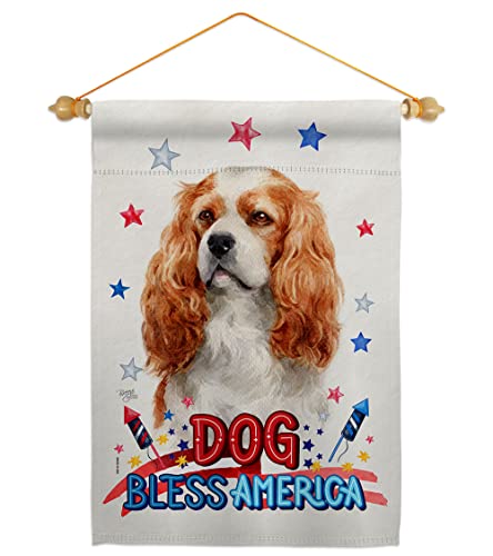 Breeze Decor Patriotic Cavalier King Spaniel Garden Flag-Set Wood Dowel Dog Puppy Spoiled Paw Canine Fur Pet Nature Farm Animal Creature House Banner Small Yard Gift Double-Sided, Made in USA