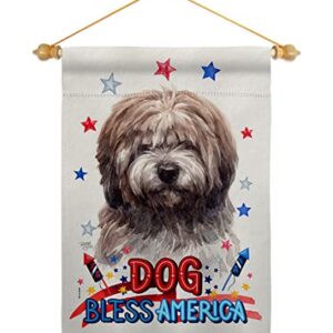 Breeze Decor Patriotic Brindle Tibetan Terrier Garden Flag-Set Wood Dowel Dog Puppy Spoiled Paw Canine Fur Pet Nature Farm Animal Creature House Banner Small Yard Gift Double-Sided, Made in USA