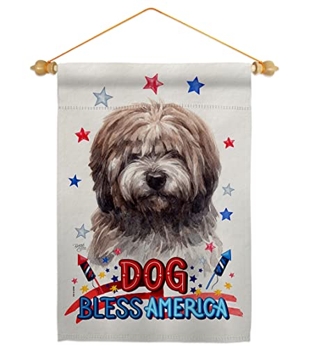 Breeze Decor Patriotic Brindle Tibetan Terrier Garden Flag-Set Wood Dowel Dog Puppy Spoiled Paw Canine Fur Pet Nature Farm Animal Creature House Banner Small Yard Gift Double-Sided, Made in USA