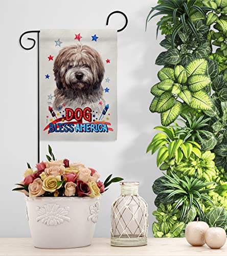 Breeze Decor Patriotic Brindle Tibetan Terrier Garden Flag-Set Wood Dowel Dog Puppy Spoiled Paw Canine Fur Pet Nature Farm Animal Creature House Banner Small Yard Gift Double-Sided, Made in USA