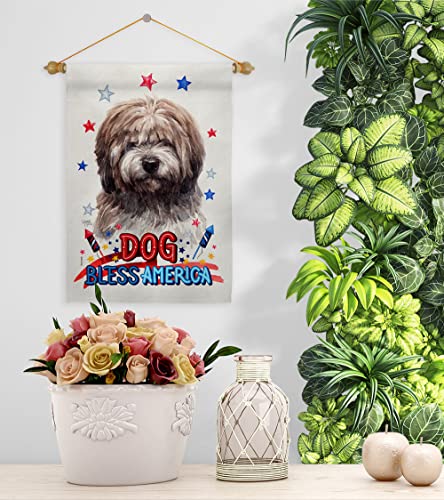 Breeze Decor Patriotic Brindle Tibetan Terrier Garden Flag-Set Wood Dowel Dog Puppy Spoiled Paw Canine Fur Pet Nature Farm Animal Creature House Banner Small Yard Gift Double-Sided, Made in USA