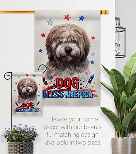 Breeze Decor Patriotic Brindle Tibetan Terrier Garden Flag-Set Wood Dowel Dog Puppy Spoiled Paw Canine Fur Pet Nature Farm Animal Creature House Banner Small Yard Gift Double-Sided, Made in USA