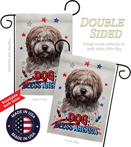 Breeze Decor Patriotic Brindle Tibetan Terrier Garden Flag-Set Wood Dowel Dog Puppy Spoiled Paw Canine Fur Pet Nature Farm Animal Creature House Banner Small Yard Gift Double-Sided, Made in USA